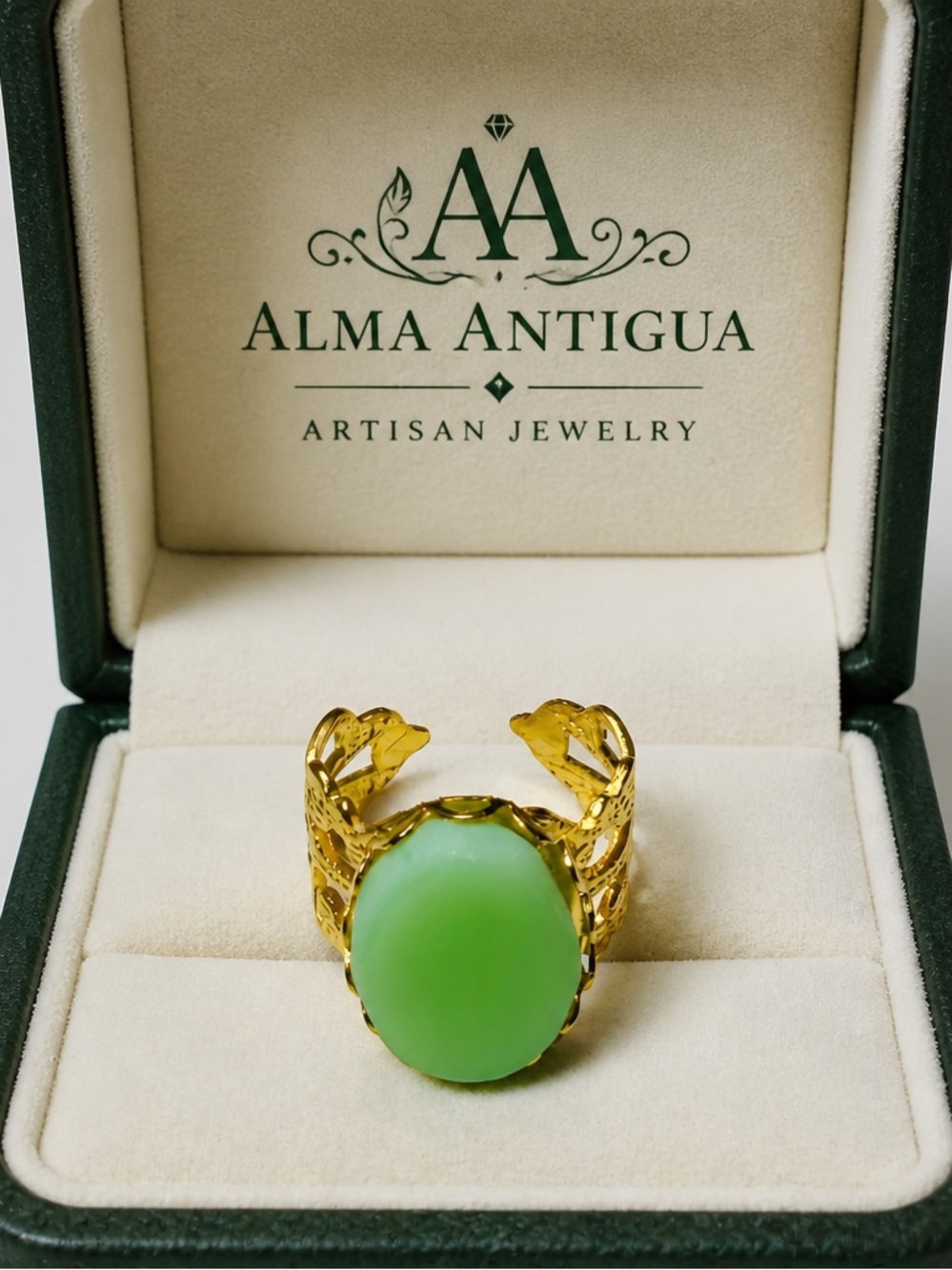 Depression Glass Glow-In-The-Dark Ring Upcycled Vintage Glass Gold-Plated Brass